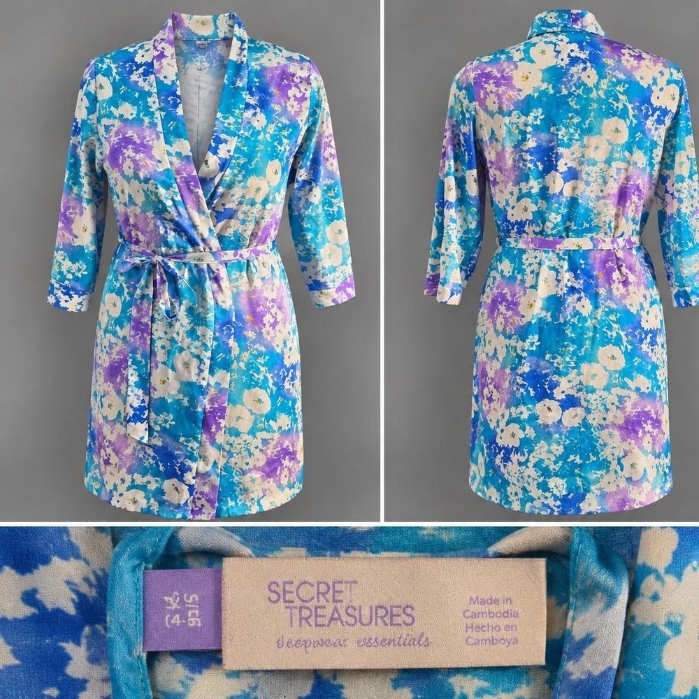 Secret Treasures Floral Satin Robe Womens Small 4-6 Blue Purple Y2K Sleepwear